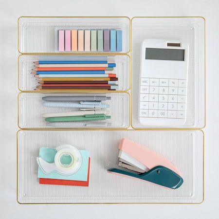 Martha Stewart Kerry Plastic Stackable Office Desk Drawer Organizers with Gold Trim, Various Sizes, Set of 5 BE-PB9085-G-5-CLRGLD-MS